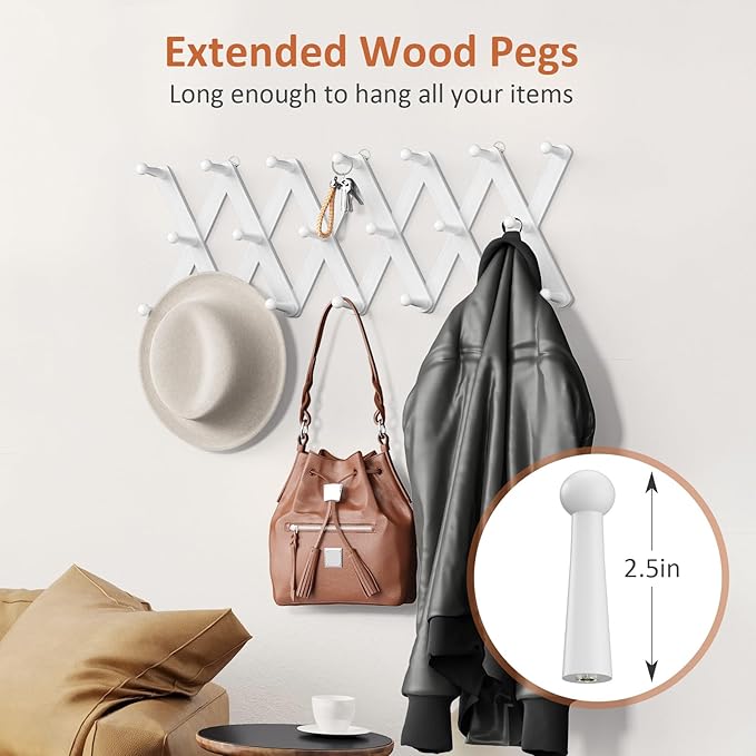 Accordion Wall Hanger, Hat Rack for Wall with 20 Coat Hooks, Expandable Hat Hangers Organizer, Vintage Decorative Coat Rack Wall Mount for Purse, Mug(White)