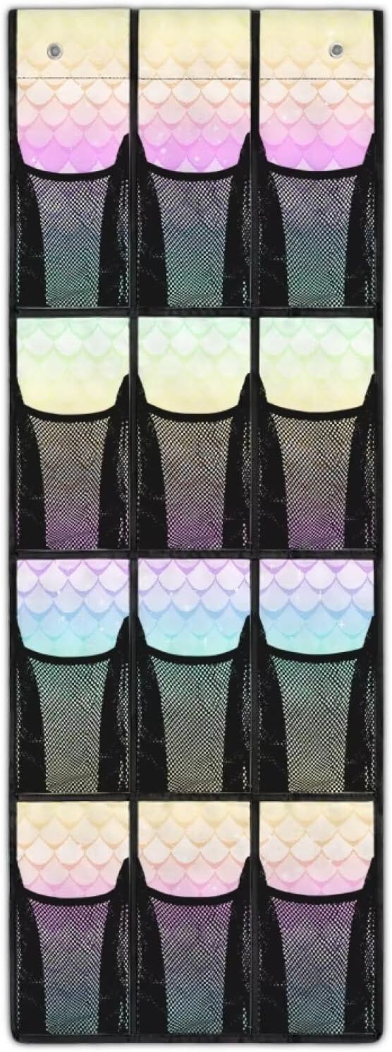 Mermaid 12 Pocket Over the Door Shoe Organizer,Reusable Breathable Large Mesh Bag Men's & Women's Sneaker Organizer,Shoe Organizer for Kids,Hanging Shoe Storage Hanging Bag