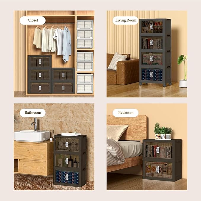 131QT Stackable Storage Bins with Lid & Door, 32 Gal Collapsible Plastic Storage Containers with Locking Wheel, Space Saving Foldable Organizer for Home Bedroom Office Gray 3T
