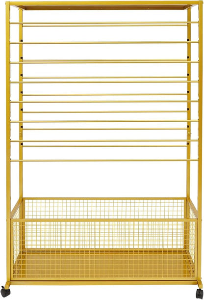 Commercial Ribbon Holder Organizer w/ 16 Rods & Locking Wheels - 59" Mobile Craft Storage for Florists, 4-Tier w/Mesh Basket (Gold, 39.37 * 12.6 * 59.06in)