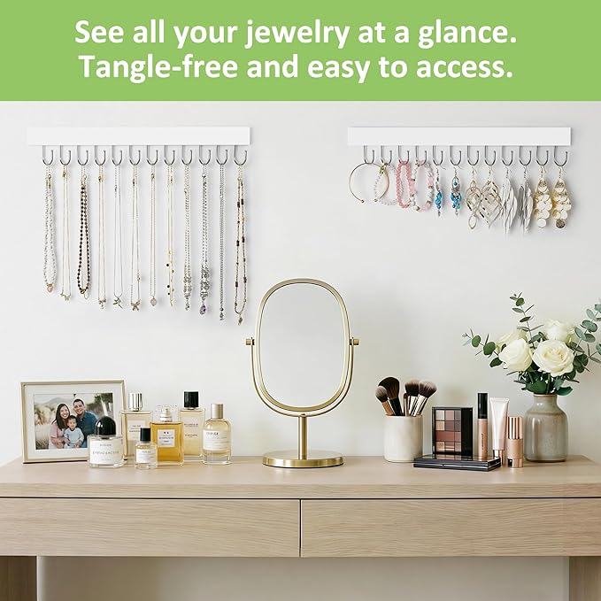 Jewelry Organizer Wall Mounted 2 Pack, Wooden Necklace Holder Wall Hanger with 24 Hooks for Hanging Necklaces and Jewelry Storage, White