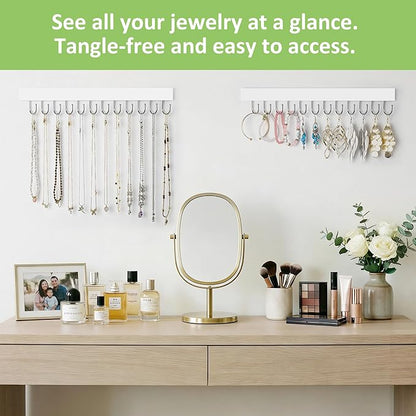 Jewelry Organizer Wall Mounted 2 Pack, Wooden Necklace Holder Wall Hanger with 24 Hooks for Hanging Necklaces and Jewelry Storage, White