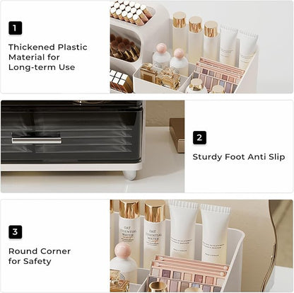 Makeup Organizer for Vanity with Brush Holder, Large Capacity Bathroom Countertop Skincare Organizer with 2 Drawers, Cosmetic Display Case for Perfumes, Eyeshadow Palettes, Nail Polishes