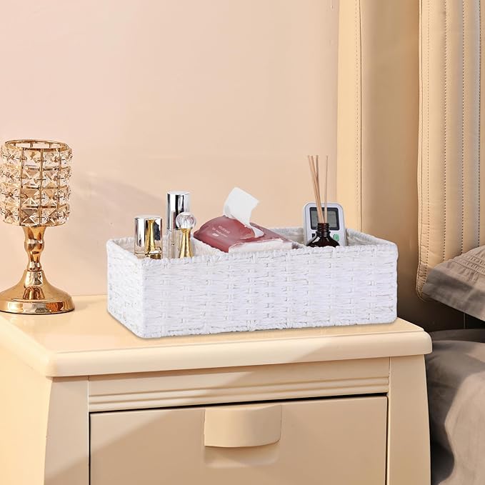 Vagusicc 3 Section Wicker Storage Basket, White Wicker Baskets for Storage, Toilet Tank Basket, Small Baskets for Organizing for Shelves, 2-Pack
