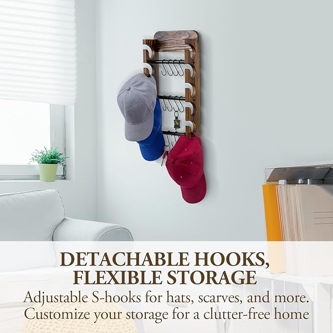 MyGift Baseball Cap Organizer Wall Mounted, Hat Display and Accessories Rack, Baseball Cap Holder with 10 Removable Hanging S-Hooks, Rustic Burnt Solid Wood and Matte Black Metal