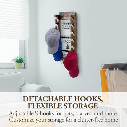 MyGift Baseball Cap Organizer Wall Mounted, Hat Display and Accessories Rack, Baseball Cap Holder with 10 Removable Hanging S-Hooks, Rustic Burnt Solid Wood and Matte Black Metal
