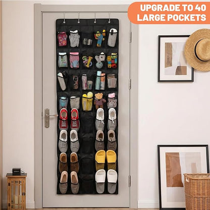 2 Pack Over The Door Shoe Organizer, Hanging Shoe Rack with 40 Large Mesh Pockets for Closet, Behind Door Storage Holder for Entryway, Bedroom, Dorm - Black