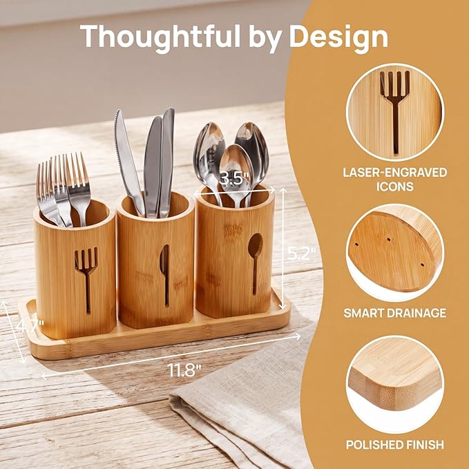 Lyellfe Silverware Holder, Bamboo Utensil Organizer with Tray, Kitchen Cutlery Flatware Holder Organizer for Spoons, Knives and Forks, Ideal for Kitchen and Restaurant
