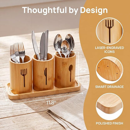 Lyellfe Silverware Holder, Bamboo Utensil Organizer with Tray, Kitchen Cutlery Flatware Holder Organizer for Spoons, Knives and Forks, Ideal for Kitchen and Restaurant