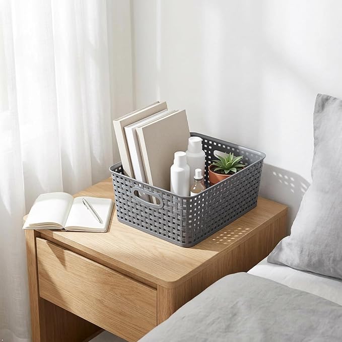 Kekow 4-Pack Gray Plastic Storage Basket, Pantry Woven Plastic Storage Basket