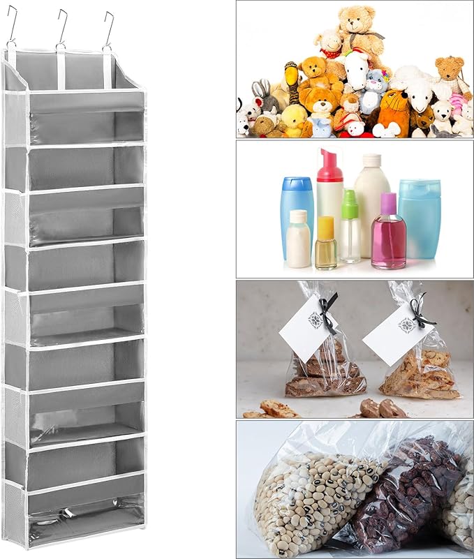 QWORK Over Door Organizer with 5 Large Pockets, 10 Mesh Side Pockets, Door Hanging Organizer for Diapers, Towels, 44lbs Weight Capacity, Grey