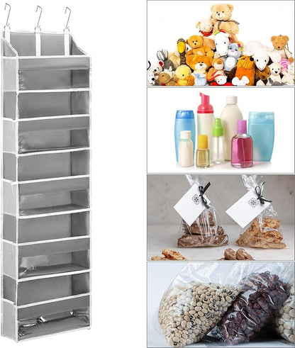QWORK Over Door Organizer with 5 Large Pockets, 10 Mesh Side Pockets, Door Hanging Organizer for Diapers, Towels, 44lbs Weight Capacity, Grey