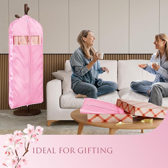 Univivi Super Soft Satin Garment Bags for Hanging Clothes, 43 Inch Zippered Suit Cover with Gussets, Breathable & Non-smell for Suits, Coats, Jackets, Shirts, 2 Pack - Pink