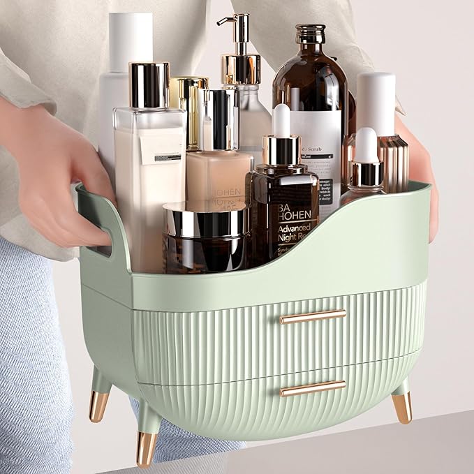 Pajiriona Makeup Organizer with Drawers, Green Skincare Organizer for Vanity, Storage Box with Handle, Large Cosmetic Display Case for Dresser, Bathroom Countertop