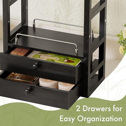 AmazerBath Bamboo Bathroom Countertop Organizer, 2-Tier Makeup Organizer with 2 Drawers, Vanity Organizer Storage Coffee Matcha Station, Compact Shelf for Bathroom Kitchen Office, Black