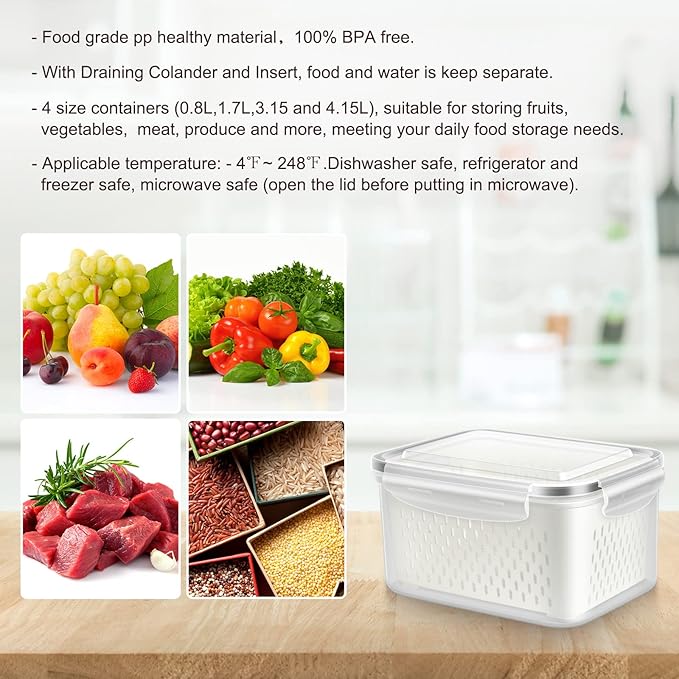 8 Pieces Fruit Storage Container for Fridge, 4Pack Plastic Fruit Containers for Fridge with Removable Colander, Container for Fruit Berry Salad Lettuce, BPA Free Kitchen Refrigerator Organizers