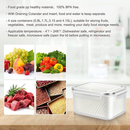 8 Pieces Fruit Storage Container for Fridge, 4Pack Plastic Fruit Containers for Fridge with Removable Colander, Container for Fruit Berry Salad Lettuce, BPA Free Kitchen Refrigerator Organizers
