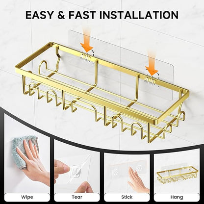 Shower Caddy, 5 Pack Shower Shelves for Inside Bathroom, Rustproof Adhesive Bathroom Organizer with Soap Holder, No Drilling Washroom Organizers and Storage for Bathtub Room/Kitchen/Home, Gold