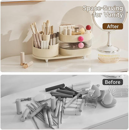 Makeup Organizer Countertop for Vanity with 360° Rotating Brush Holder, 3 Layer Cosmetic and Jewelry Storage, Makeup Display Case for Skincare&Perfume (Cream White)
