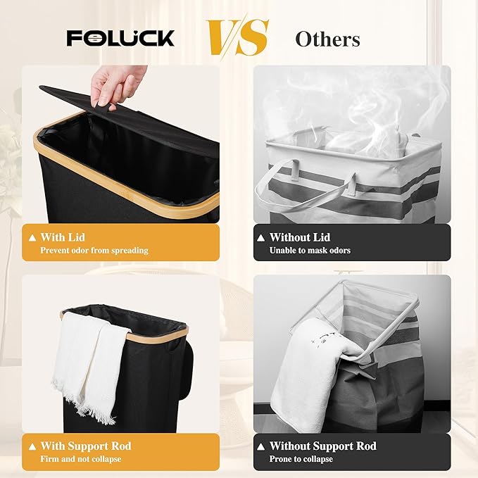 Foluck Slim Laundry Hamper, 60L Waterproof Narrow Laundry Basket with Lid and Removable Bag, Collapsible Tall Clothes Hamper with Bamboo Handles for Clothes Toys in Dorm Bedroom Bathroom, Black