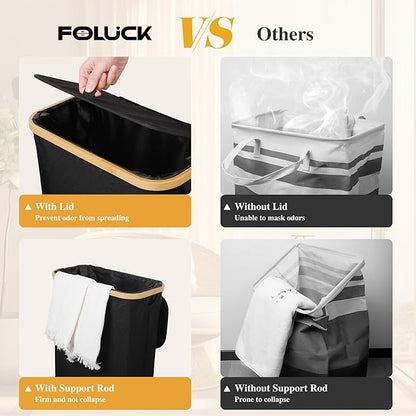 Foluck Slim Laundry Hamper, 60L Waterproof Narrow Laundry Basket with Lid and Removable Bag, Collapsible Tall Clothes Hamper with Bamboo Handles for Clothes Toys in Dorm Bedroom Bathroom, Black
