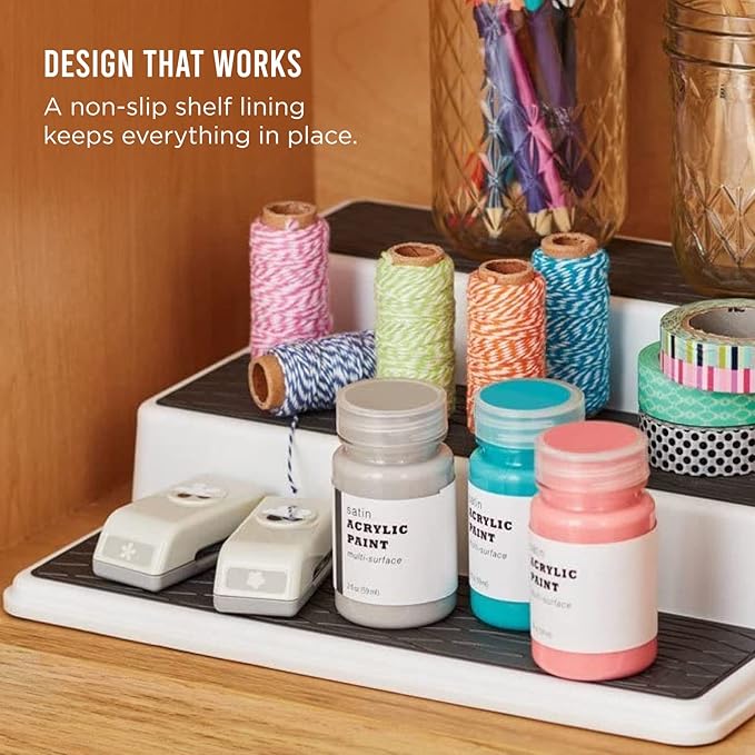 Copco Non-Skid 3-Tier Spice Rack Organizer for Cabinet - 10 Inch Kitchen Pantry Organizer with Raised Rims, White and Gray Step Shelf for Spices, Cans, Jars - Easy Clean Storage Solution