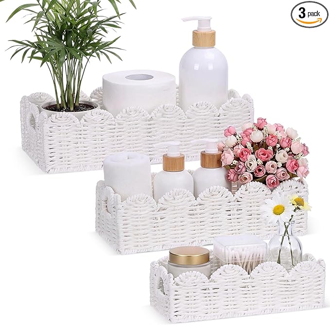 Boao 3 Pcs Boho Storage Wicker Baskets Handmade Woven Decorative Paper Rope Baskets for Organizing with Handle Countertop Toilet Paper Storage Container for Toilet Tank Top (White,Fan-shaped)