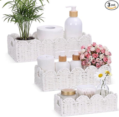 Boao 3 Pcs Boho Storage Wicker Baskets Handmade Woven Decorative Paper Rope Baskets for Organizing with Handle Countertop Toilet Paper Storage Container for Toilet Tank Top (White,Fan-shaped)