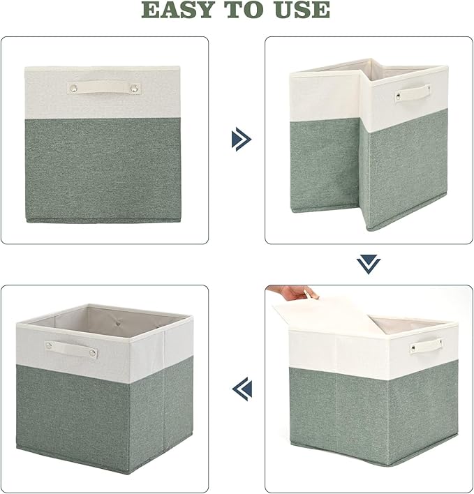 FinishingBo 13 x 13 Inch Fine Linen Storage Bins with Handles，Fabric Cube Boxs，Basket Organizers for Shelves for Home, Closet Drawers (White/Green-6 Pack)