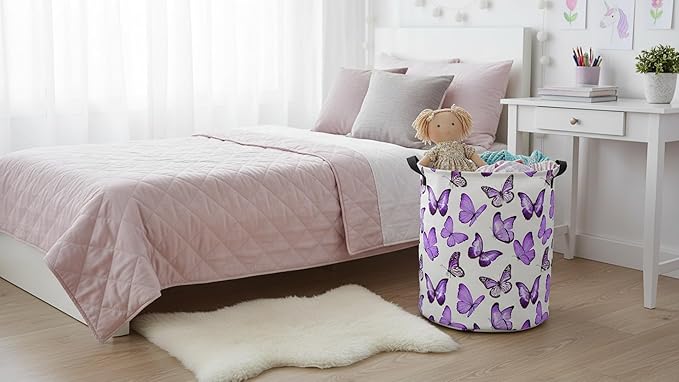CLOCOR Large Laundry Basket,Waterproof Nursery Hamper,Collapsible Fabric Storage Container,Room Decor,Gift Basket（Deep Purple Butterfly