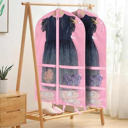 KEEGH Clear Garment Bags for Dance Costumes 40 inch Dance Garment Bags for Dancers Hanging Clothes for Closet Storage, with 4 Zipper Pockets for Dance Competitions, Ballet, Theatre, 6 Pack, Pink
