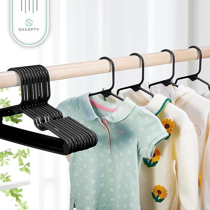 Sharpty Kids Plastic Hangers, Children's Hangers for Baby, Toddler, and Child Clothes - Everyday Standard Use - Ideal for Boys and Girls Closet, Clothing, Pants, Coats, and More - Black, 40 Pack