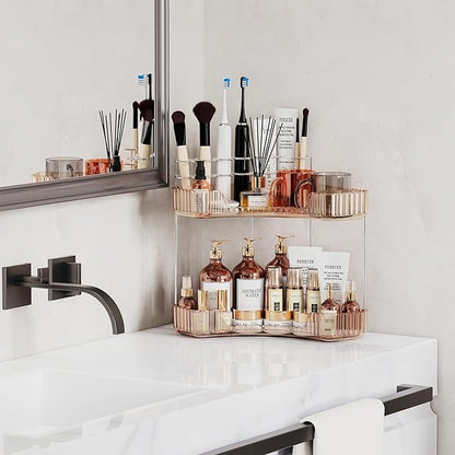 Asayuee 2-Tier Corner Bathroom Counter Organizer with Top Toothbrush Holders,Large Makeup Organizer Countertop with Brush Holder,Skincare Organizers Corner,Exquisite Vanity Organizer (Gold, 2 Tier)