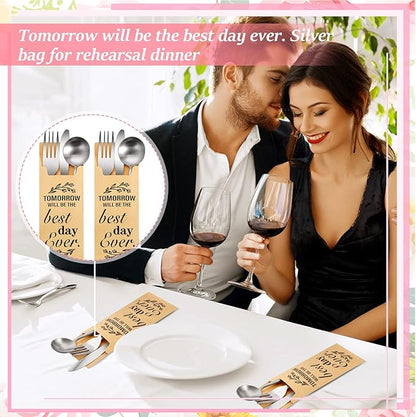 Gueevin 100 Pcs Tomorrow Will Be The Best Day Ever Wedding Paper Silverware Bags Cutlery Sleeves Kraft Utensils Bag Silverware Holder Pockets for Wedding Rehearsal Dinner Engagement Bride Shower Party