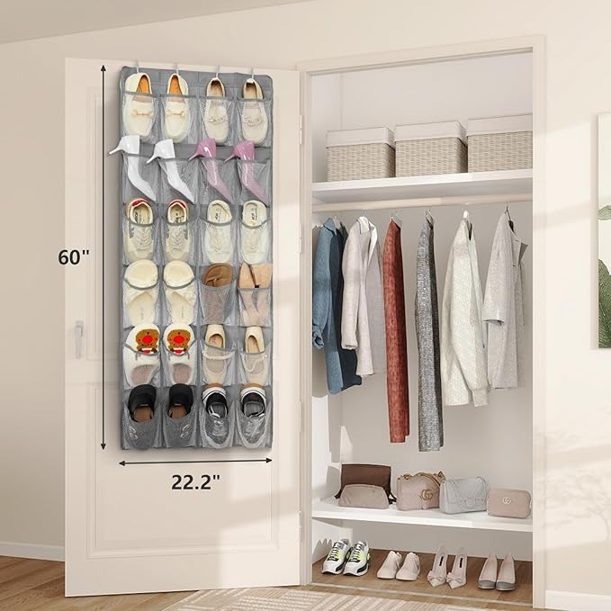 FENTEC 2 Pack Over the Door Shoe Organizer Hanging Shoe Organizer for Closet, Space Saving Mesh Large Pocket Shoe Storage and Organizer with 24 Packets, Shoe Holder for Apartments Garages, Gray