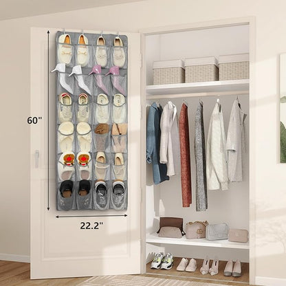 FENTEC 2 Pack Over the Door Shoe Organizer Hanging Shoe Organizer for Closet, Space Saving Mesh Large Pocket Shoe Storage and Organizer with 24 Packets, Shoe Holder for Apartments Garages, Gray