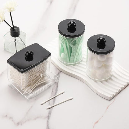 Tbestmax 10oz Cotton Ball Holder Qtips Dispenser, Bathroom Container Organizer for Storage Cotton Swabs, Pads - Apothecary Jar with Black Lids