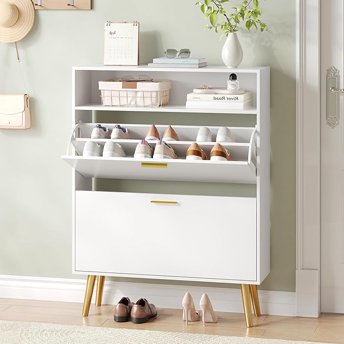 Shoe Cabinet Storage for Entryway, White Shoe Organizer with 2 Flip Drawers & Open Shelf, Freestanding Hidden Large Shoe Storage Cabinet (1pc-White, 2 Flip Drawers with Shelf)