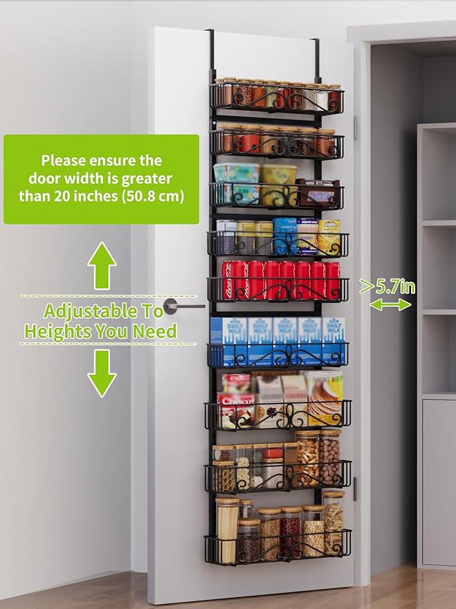 Over the Door Pantry Organizer, 9-Tier Over the Door Pantry Organizer Rack and Storage, Metal Hanging Spice Rack Shelves Door for Home Office Laundry Room Bathroom & Kitchen Organization Black