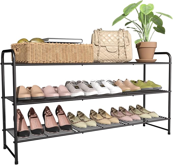 3-Tier Long Metal Shoe Rack,Extra Large Capacity Adjustable Stackable Shoe Organizer Shelf for Closet Entryway,Bronze 42" W × 24.5" H