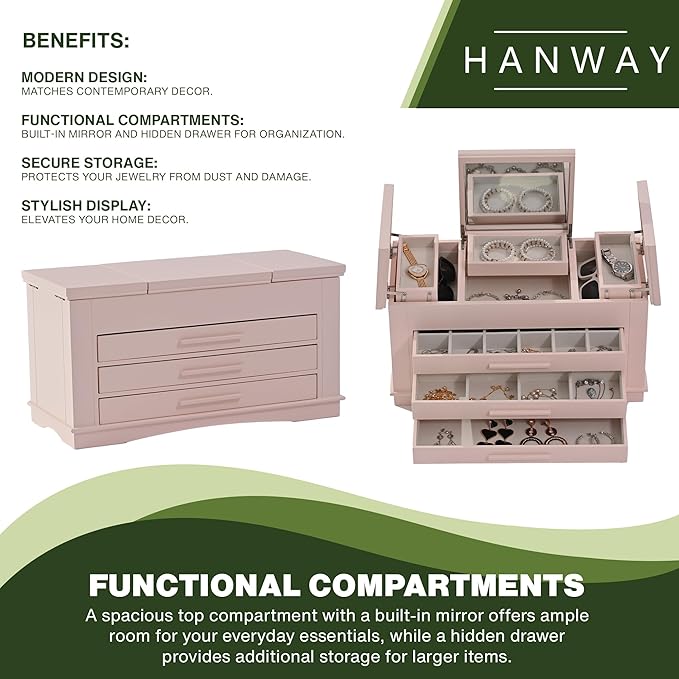 Hanway 4 Layers Wooden Jewelry Box Organizer for Women, with multiple compartments, featuring interior mirror & tray for necklaces, earrings, bracelets, glasses, and rings (Pink)