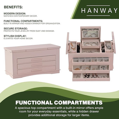 Hanway 4 Layers Wooden Jewelry Box Organizer for Women, with multiple compartments, featuring interior mirror & tray for necklaces, earrings, bracelets, glasses, and rings (Pink)