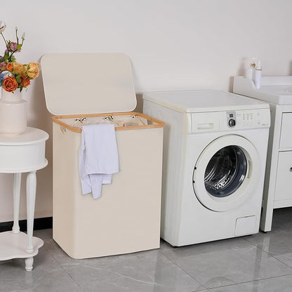 efluky Laundry Hamper with Lid, Trio Laundry Basket with 2 Removable Bags, 3 Section Laundry Bin with Bamboo Handles for Bathroom, Bedroom & Laundry Room, 160L (42.3 Gallon) Beige