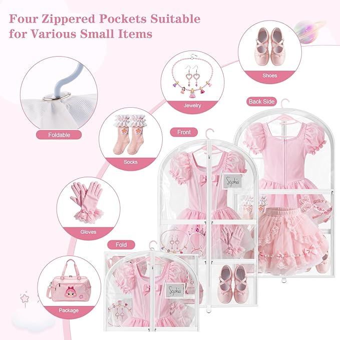 3 Pack Clear Dance Garment Bags for Dancers, 40" Waterproof Dustproof Dance Costume Bags for Hanging Clothes with 5 Large Zipper Pockets for Dance Competition, Suitable for Dress, Uniform