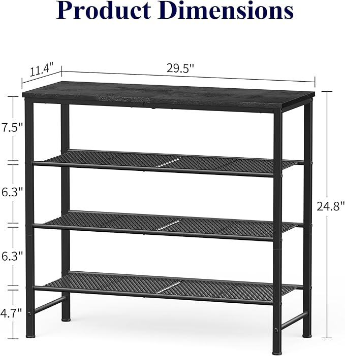 Kitsure Shoe Rack - 4-Tier Shoe Organizer with Wooden Top & Leveling Feet, Easy-Assembly, Rust-Resistant Metal Shoe Shelf for Closet, Entryway, Bedroom, 29.5" x 11.4" x 24.8", Black
