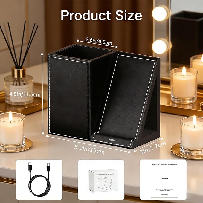 LADSTAG Leather Makeup Brush Holder Organizer with Phone Charging Stand, Makeup Organizers Countertop, Makeup Organization and Skincare Storage for Vanity, Desktop, Bathroom