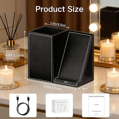 LADSTAG Leather Makeup Brush Holder Organizer with Phone Charging Stand, Makeup Organizers Countertop, Makeup Organization and Skincare Storage for Vanity, Desktop, Bathroom