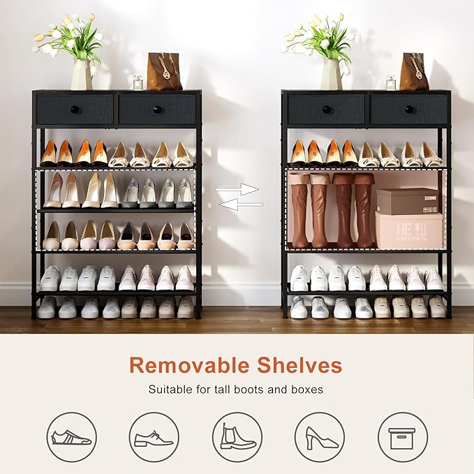 Shoe Rack, 5 Tier Shoe Organizer with 2 Drawers, Metal Shoe Storage for 16-20 Pairs of Shoes with Fabric Shelves and Wooden Top, Narrow Shoe Shelf for Closet Entryway Black Grey