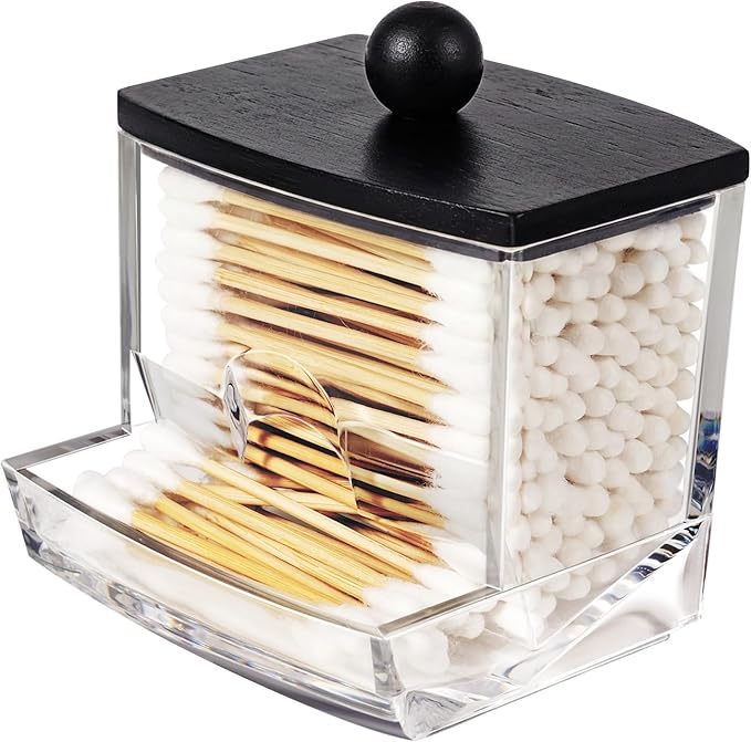 SheeChung 10 Oz Acrylic Qtip Holder Dispenser for Cotton Swabs, Clear Plastic Containers Apothecary Jars with Bamboo Lid, Bathroom Accessories, Vanity Organizers and Storage, Home Essentials-Black