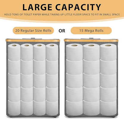 Odonata Large Toilet Paper Storage Basket with Lid, Slim Toilet Paper Organizer, Hold up to 20 Regular Rolls or 15 Mega Rolls. (Grey, 49L)
